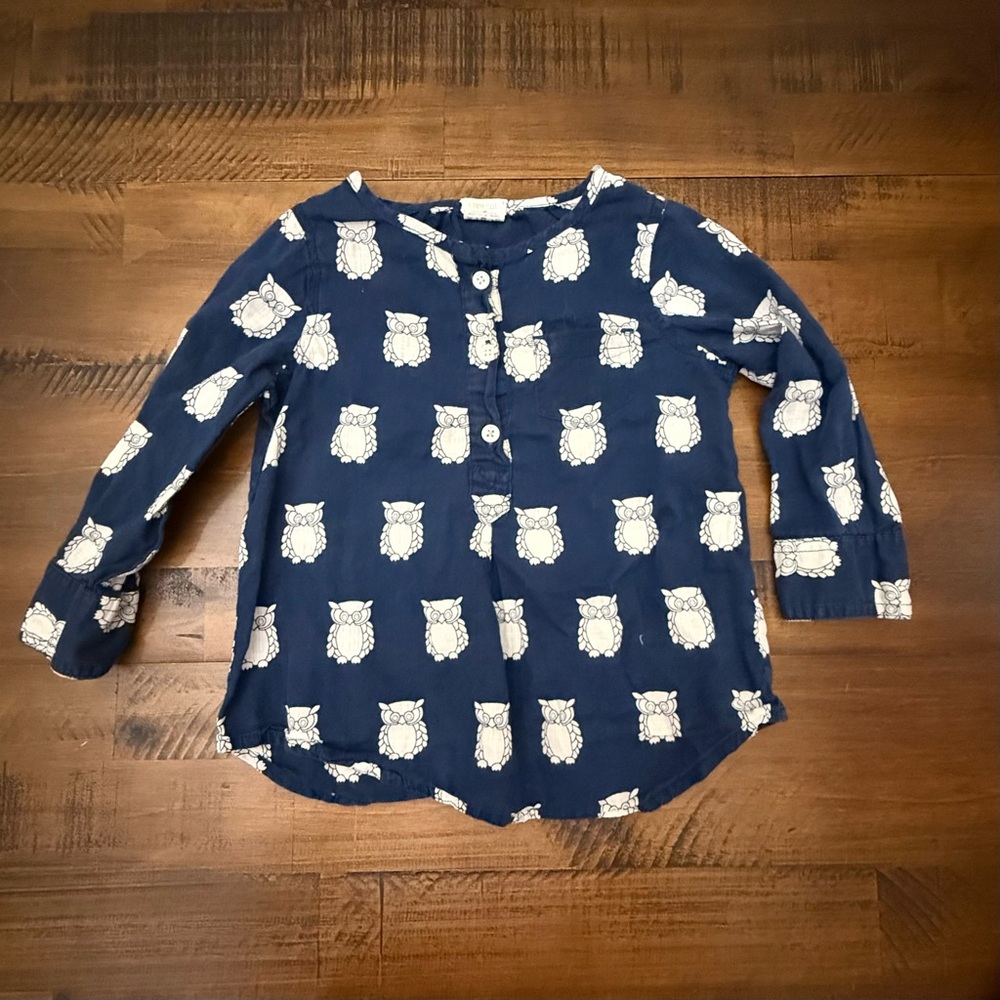 J Crew Crewcuts Girls Shirt 2T Blue White Owl Print 1/2 Button Tunic Long Sleeve